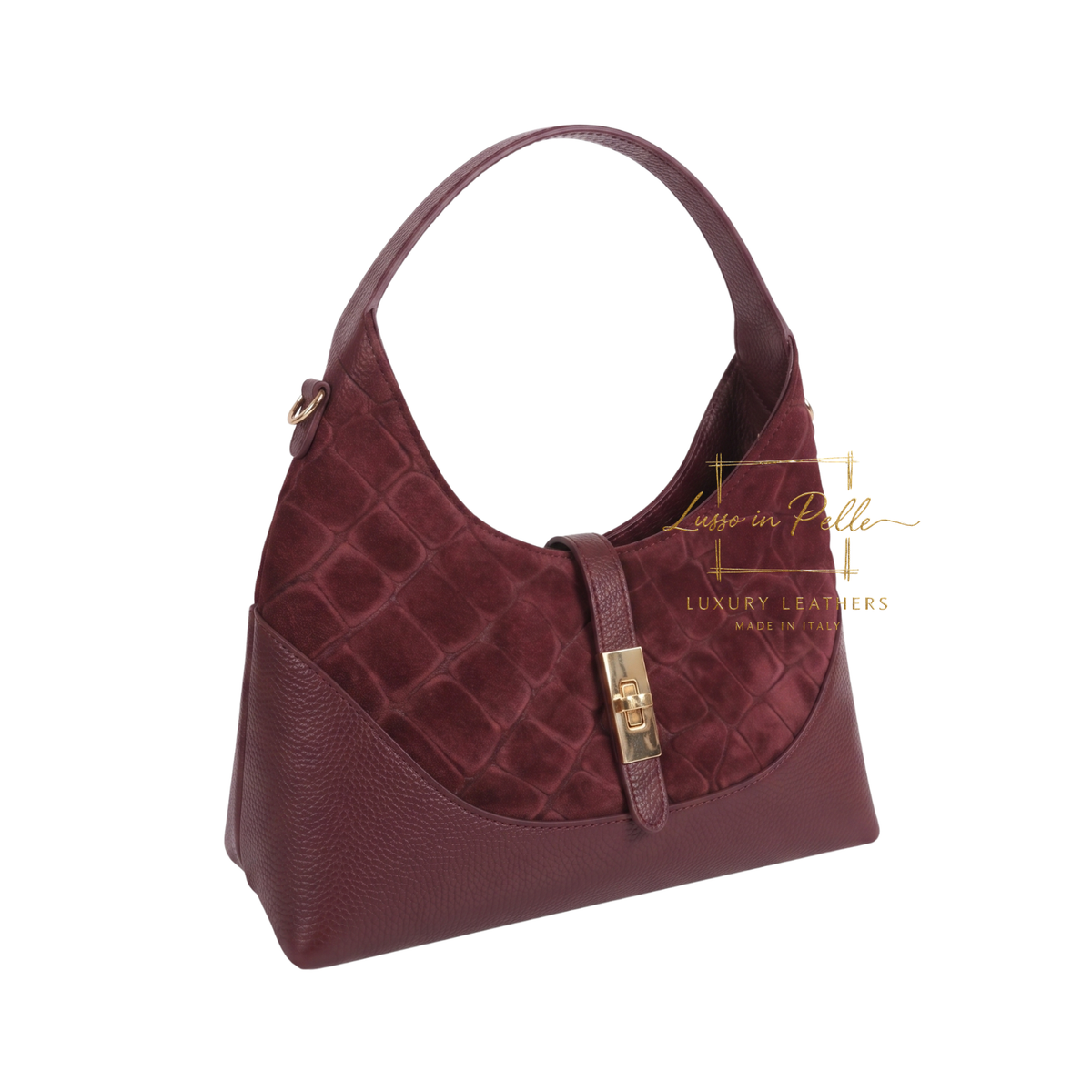 Genuine Suede & Leather Shoulder Bag with Croc Embossed Detail
