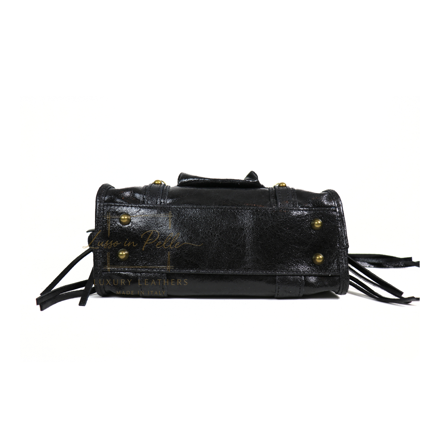 Genuine Leather Handbag with Front Zip Pocket & Stud Detail
