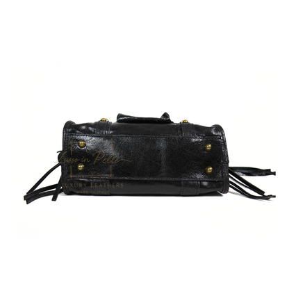 Genuine Leather Handbag with Front Zip Pocket & Stud Detail