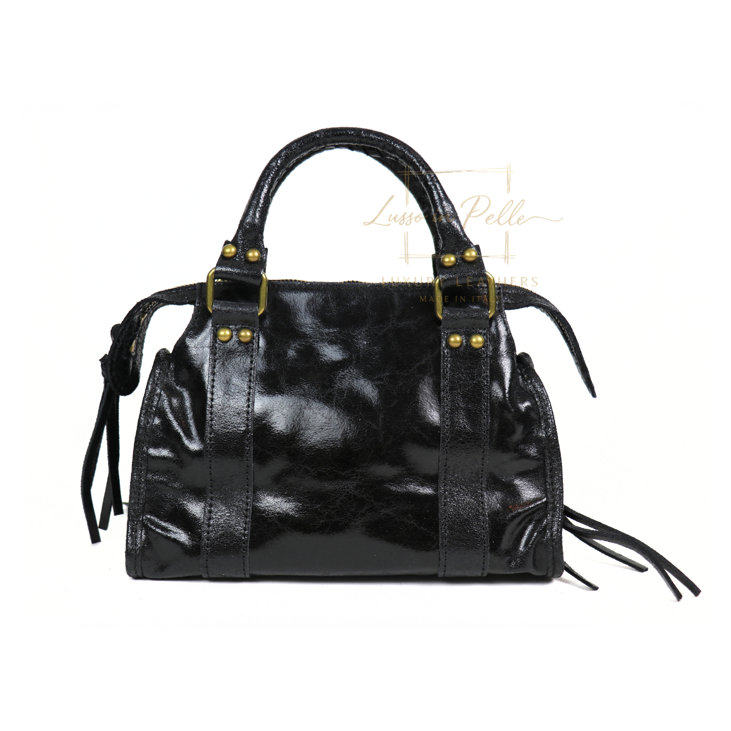 Genuine Leather Handbag with Front Zip Pocket & Stud Detail