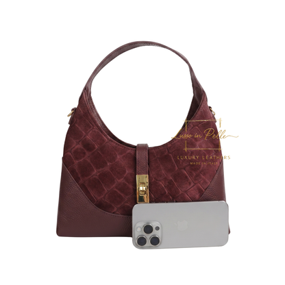 Genuine Suede & Leather Shoulder Bag with Croc Embossed Detail
