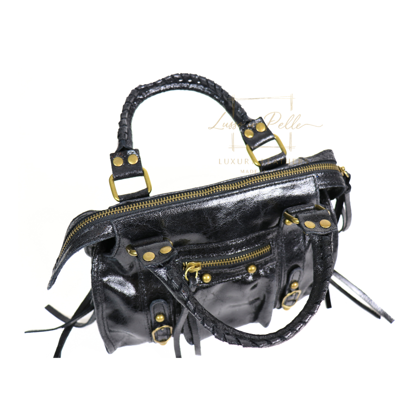 Genuine Leather Handbag with Front Zip Pocket & Stud Detail