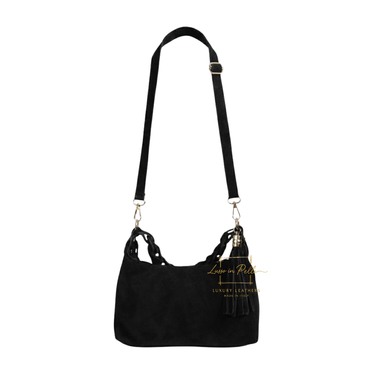 Genuine Suede Shoulder Bag with Braided Handle & Tassel Charm