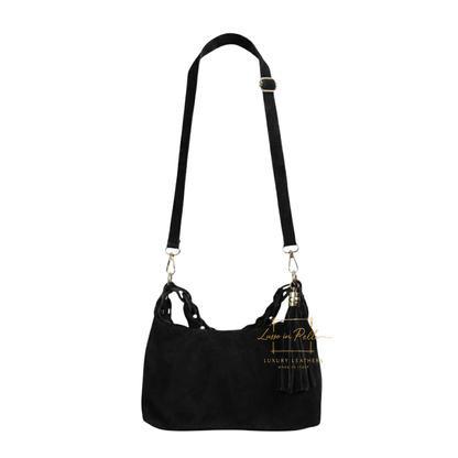 Genuine Suede Shoulder Bag with Braided Handle & Tassel Charm