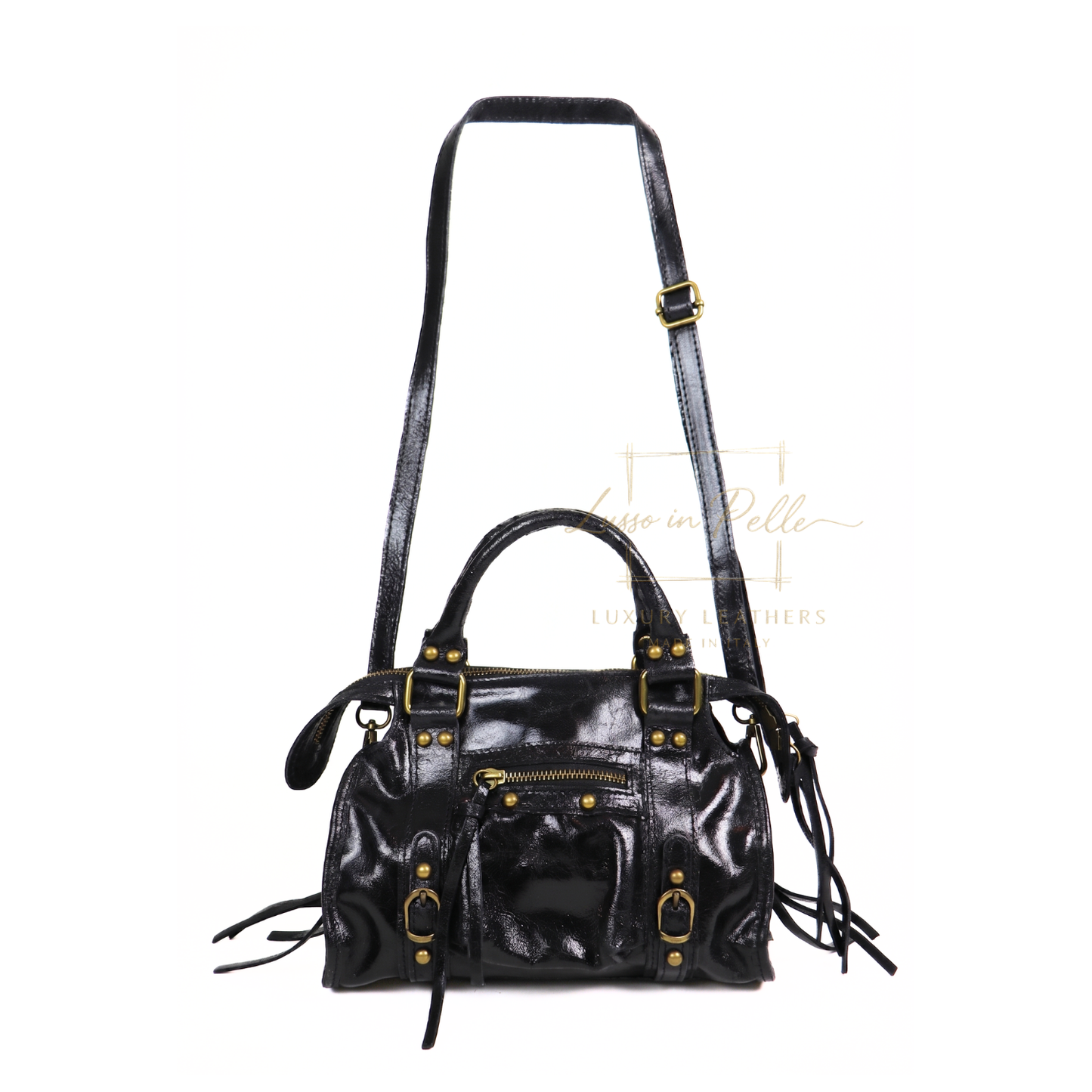 Genuine Leather Handbag with Front Zip Pocket & Stud Detail