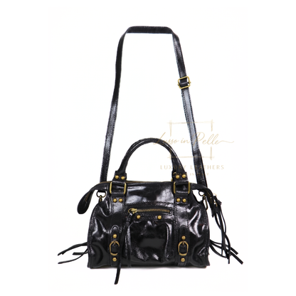 Genuine Leather Handbag with Front Zip Pocket & Stud Detail