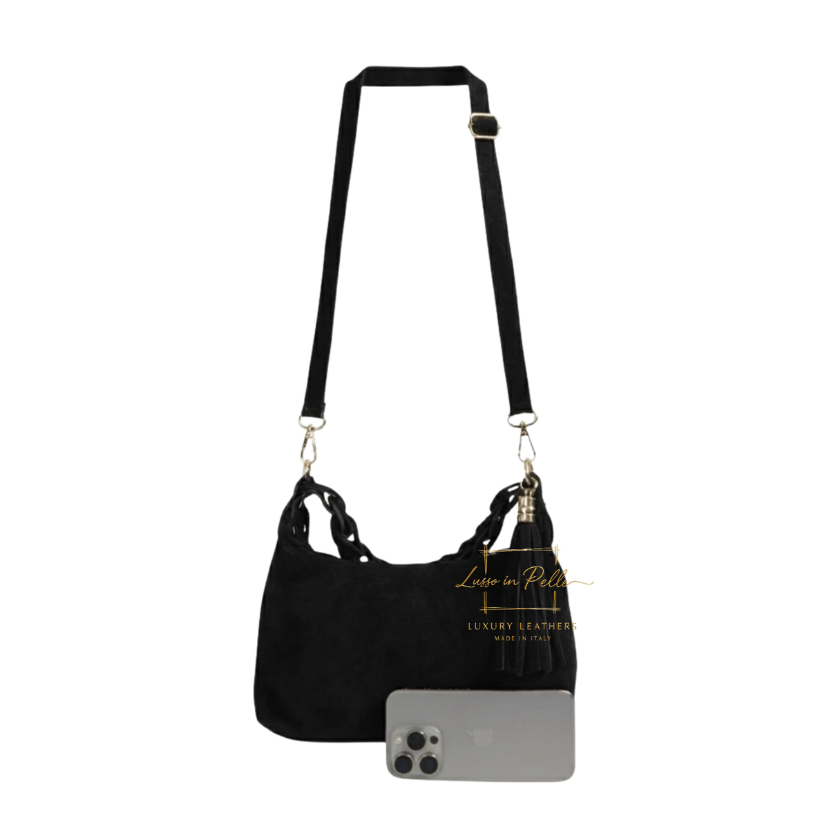 Genuine Suede Shoulder Bag with Braided Handle & Tassel Charm