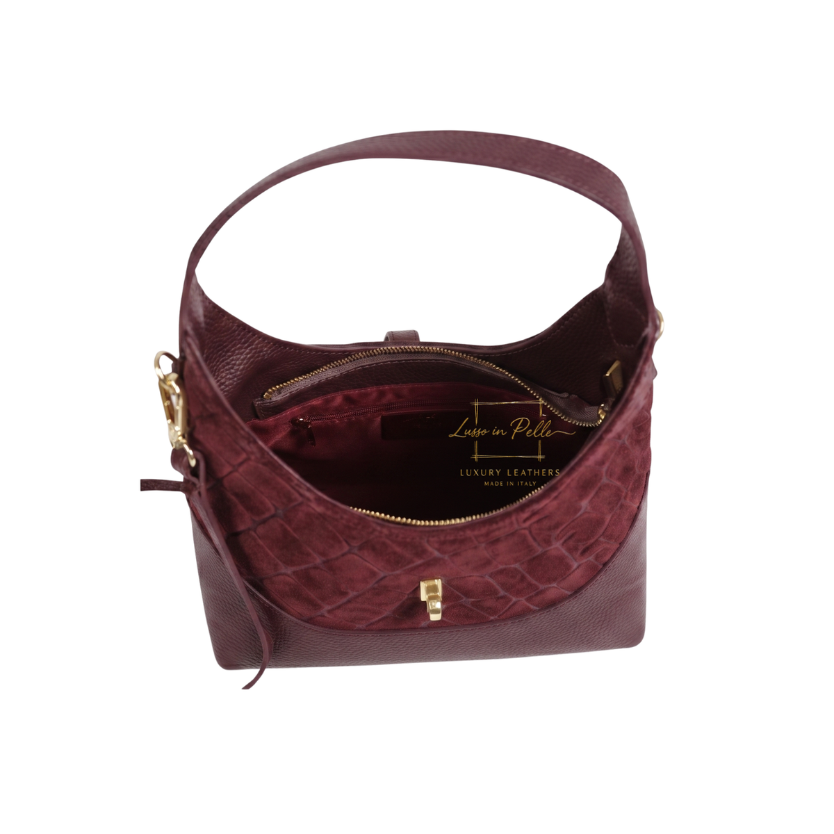 Genuine Suede & Leather Shoulder Bag with Croc Embossed Detail