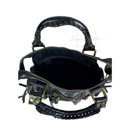 Genuine Leather Handbag with Front Zip Pocket & Stud Detail