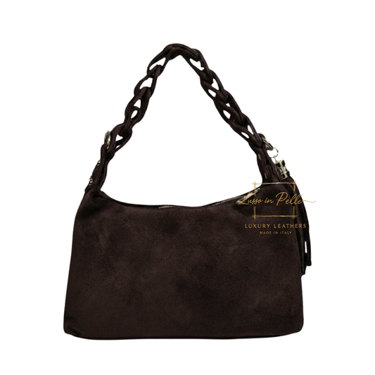 Genuine Suede Shoulder Bag with Braided Handle & Tassel Charm