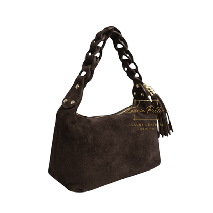 Genuine Suede Shoulder Bag with Braided Handle & Tassel Charm