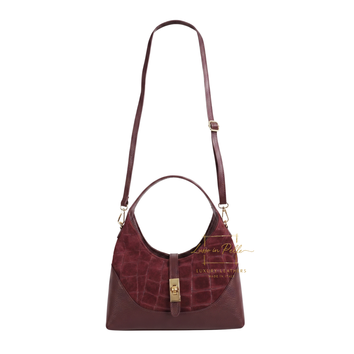 Genuine Suede & Leather Shoulder Bag with Croc Embossed Detail