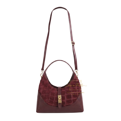 Genuine Suede & Leather Shoulder Bag with Croc Embossed Detail