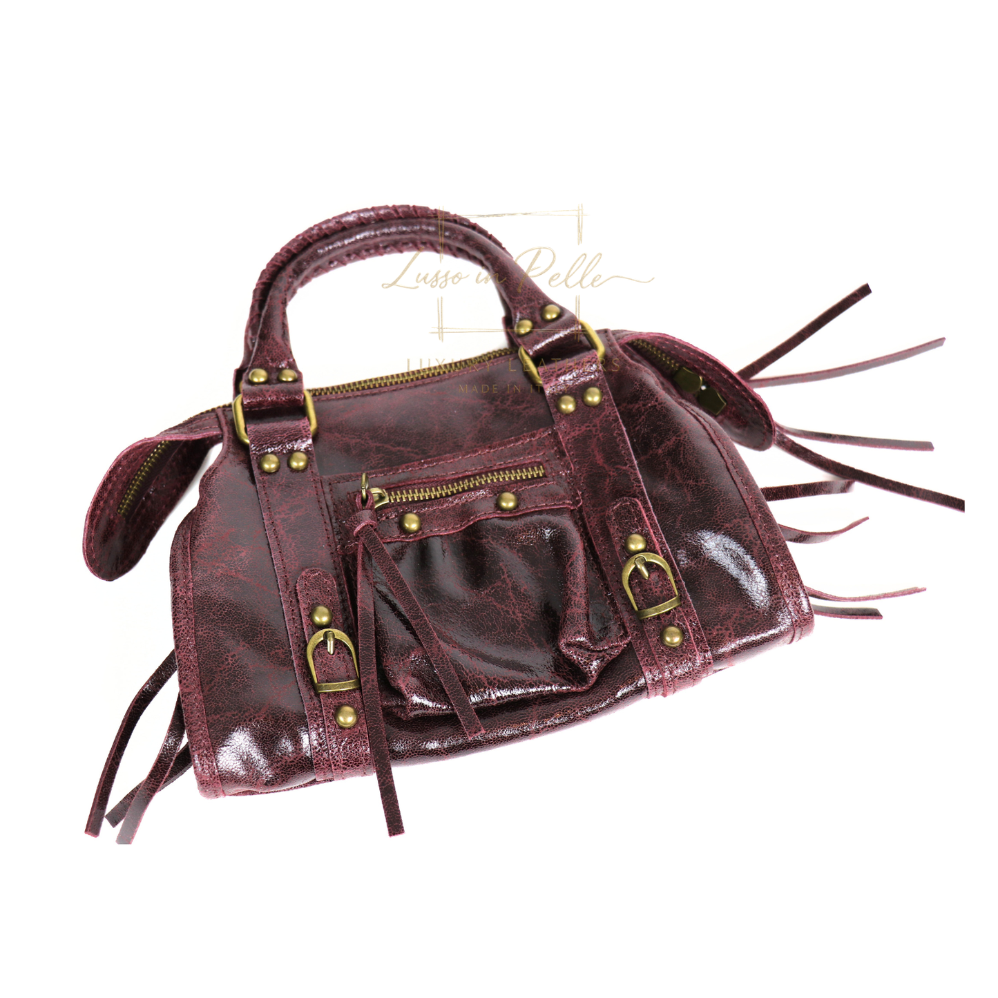Genuine Leather Handbag with Front Zip Pocket & Stud Detail