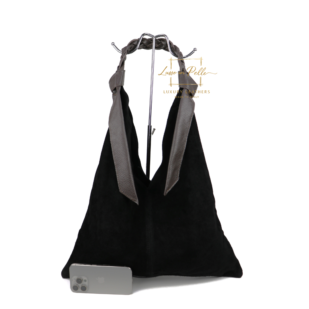 Suede Hobo Bag with Braided Leather Strap