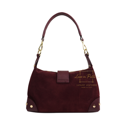 Genuine Suede & Leather Shoulder Bag with Buckle Detail