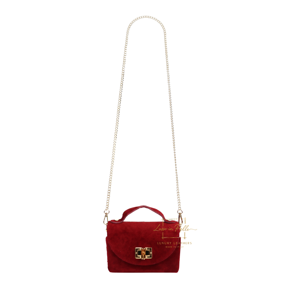Genuine Suede Mini Top Handle Bag with Bamboo Twist Lock & Chain Strap