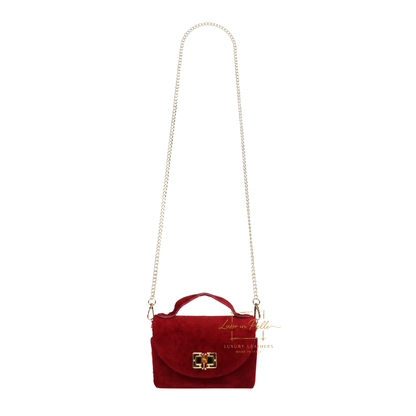 Genuine Suede Mini Top Handle Bag with Bamboo Twist Lock & Chain Strap