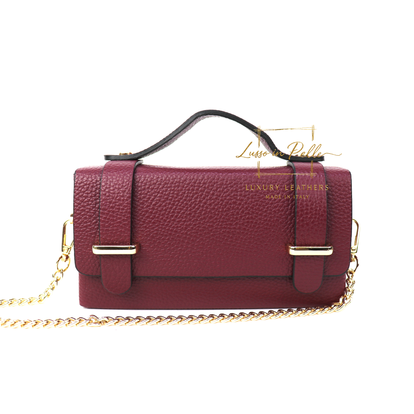 Small Genuine Leather Satchel Bag with Top Handle and Chain Straps