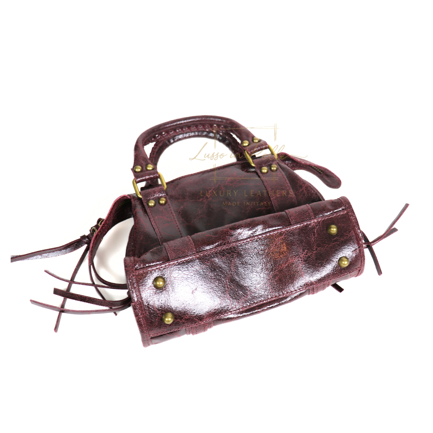 Genuine Leather Handbag with Front Zip Pocket & Stud Detail