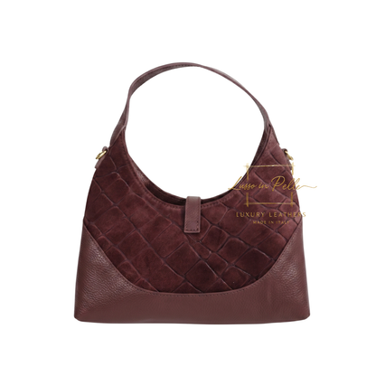Genuine Suede & Leather Shoulder Bag with Croc Embossed Detail