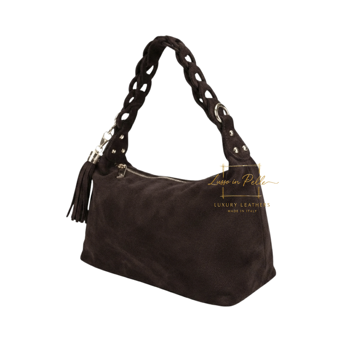 Genuine Suede Shoulder Bag with Braided Handle & Tassel Charm