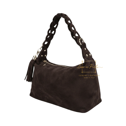 Genuine Suede Shoulder Bag with Braided Handle & Tassel Charm