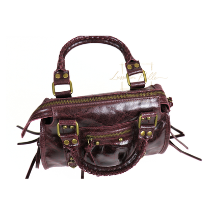 Genuine Leather Handbag with Front Zip Pocket & Stud Detail