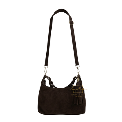 Genuine Suede Shoulder Bag with Braided Handle & Tassel Charm