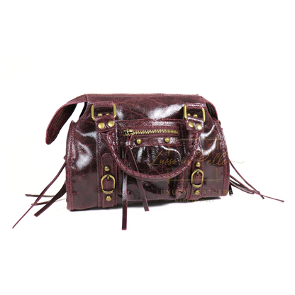 Genuine Leather Handbag with Front Zip Pocket & Stud Detail