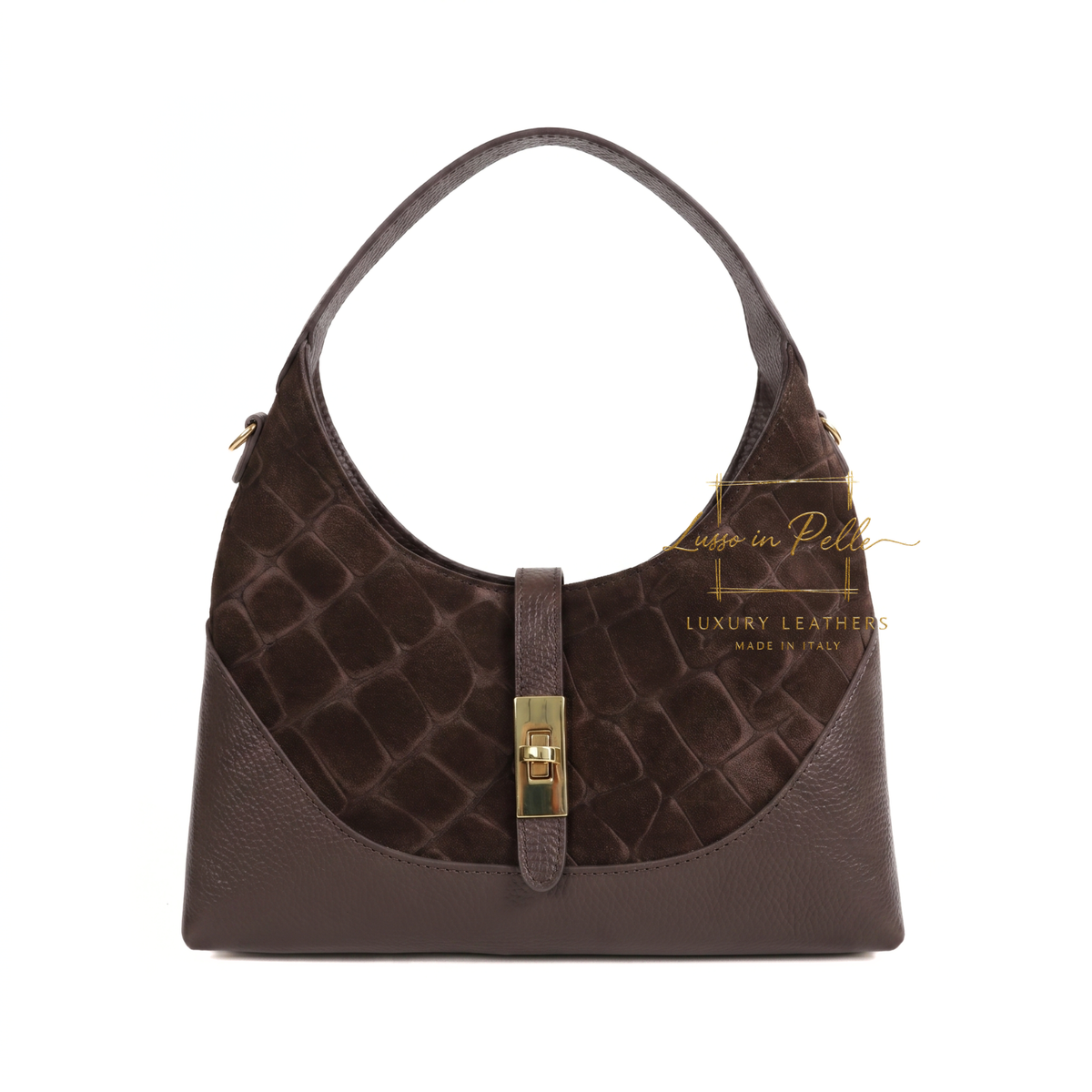 Genuine Suede & Leather Shoulder Bag with Croc Embossed Detail
