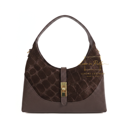 Genuine Suede & Leather Shoulder Bag with Croc Embossed Detail