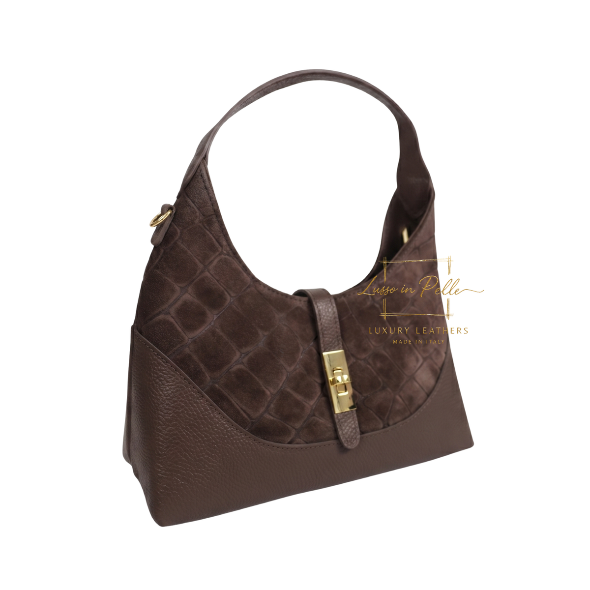 Genuine Suede & Leather Shoulder Bag with Croc Embossed Detail