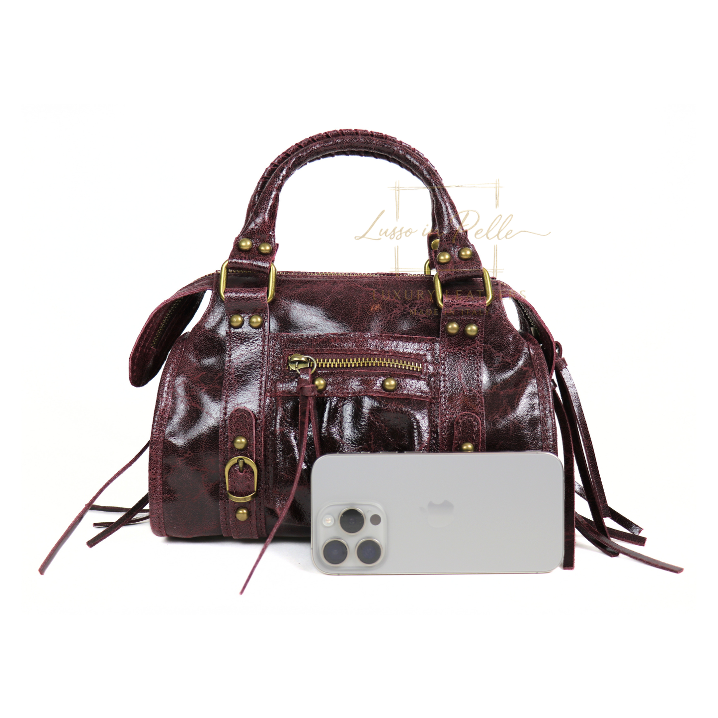 Genuine Leather Handbag with Front Zip Pocket & Stud Detail