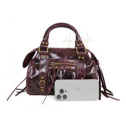 Genuine Leather Handbag with Front Zip Pocket & Stud Detail