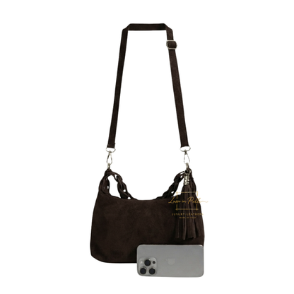 Genuine Suede Shoulder Bag with Braided Handle & Tassel Charm