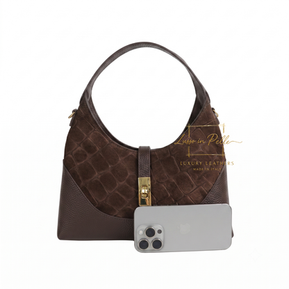 Genuine Suede & Leather Shoulder Bag with Croc Embossed Detail