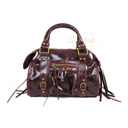 Genuine Leather Handbag with Front Zip Pocket & Stud Detail