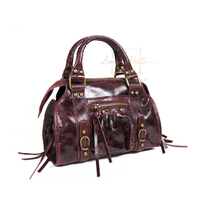 Genuine Leather Handbag with Front Zip Pocket & Stud Detail