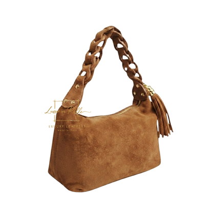 Genuine Suede Shoulder Bag with Braided Handle & Tassel Charm