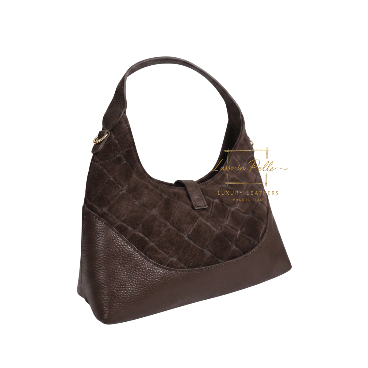 Genuine Suede & Leather Shoulder Bag with Croc Embossed Detail