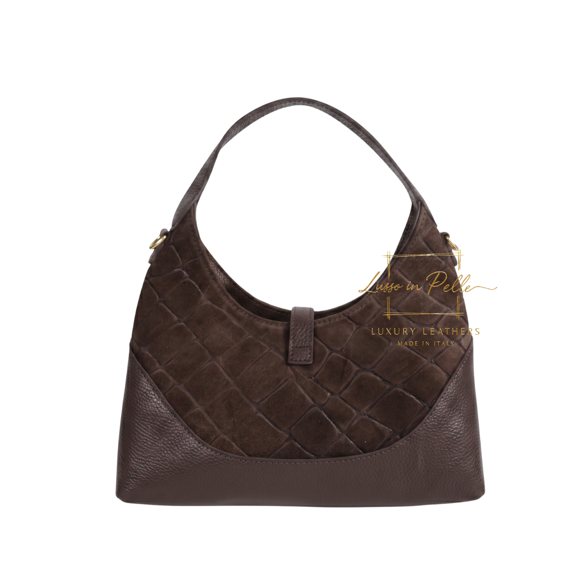 Genuine Suede & Leather Shoulder Bag with Croc Embossed Detail