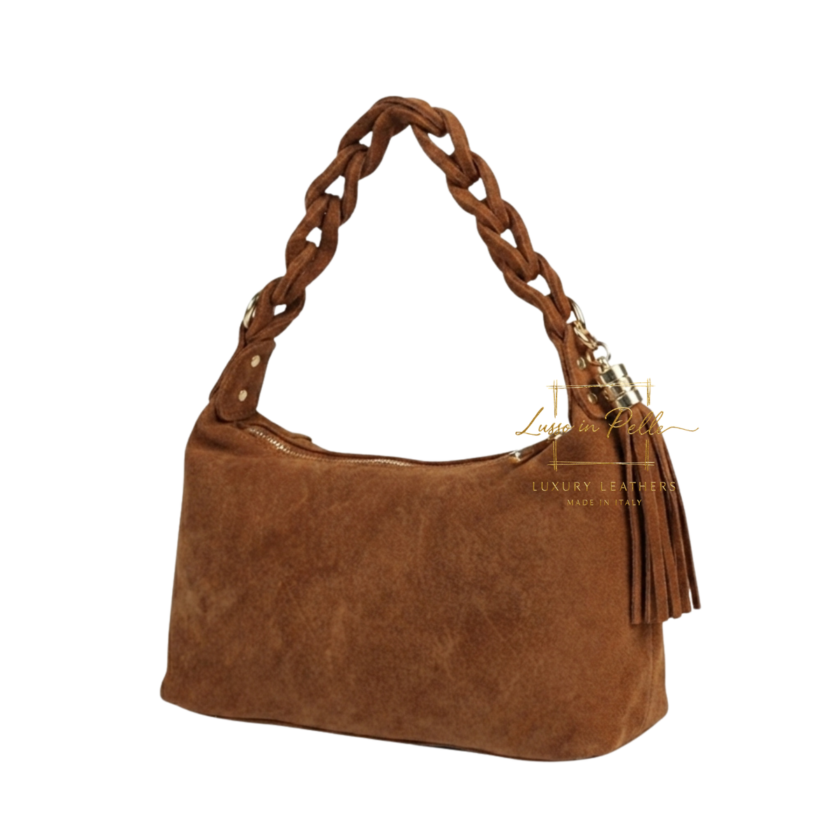 Genuine Suede Shoulder Bag with Braided Handle & Tassel Charm