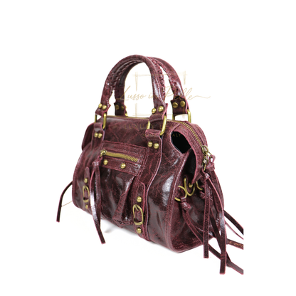 Genuine Leather Handbag with Front Zip Pocket & Stud Detail
