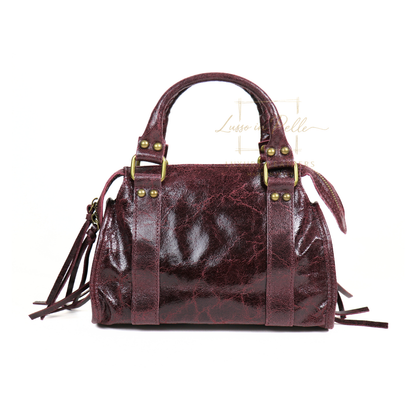 Genuine Leather Handbag with Front Zip Pocket & Stud Detail