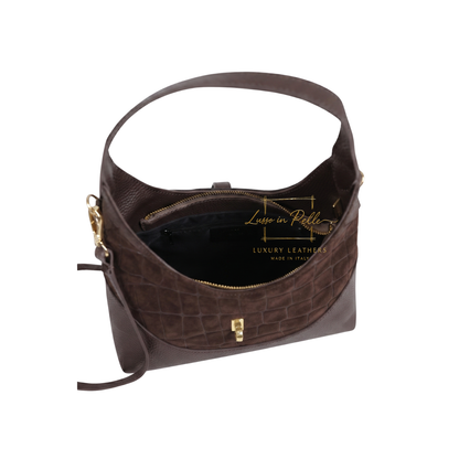 Genuine Suede & Leather Shoulder Bag with Croc Embossed Detail