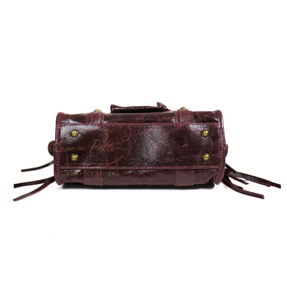 Genuine Leather Handbag with Front Zip Pocket & Stud Detail