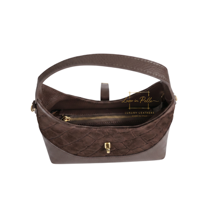 Genuine Suede & Leather Shoulder Bag with Croc Embossed Detail