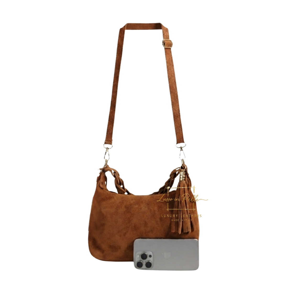 Genuine Suede Shoulder Bag with Braided Handle & Tassel Charm