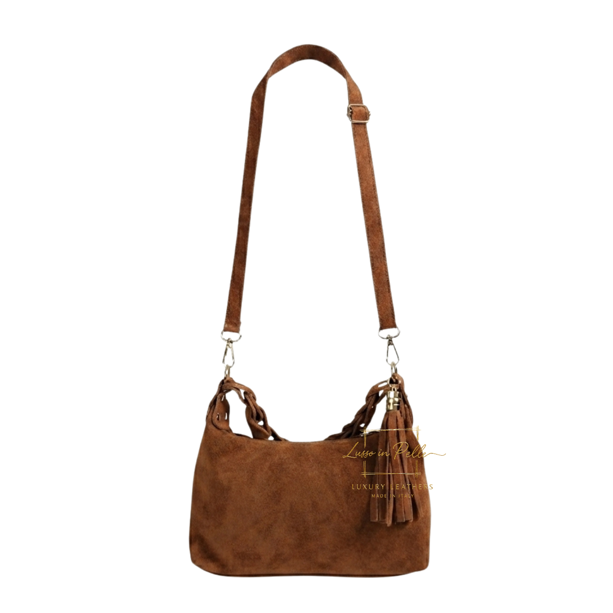Genuine Suede Shoulder Bag with Braided Handle & Tassel Charm